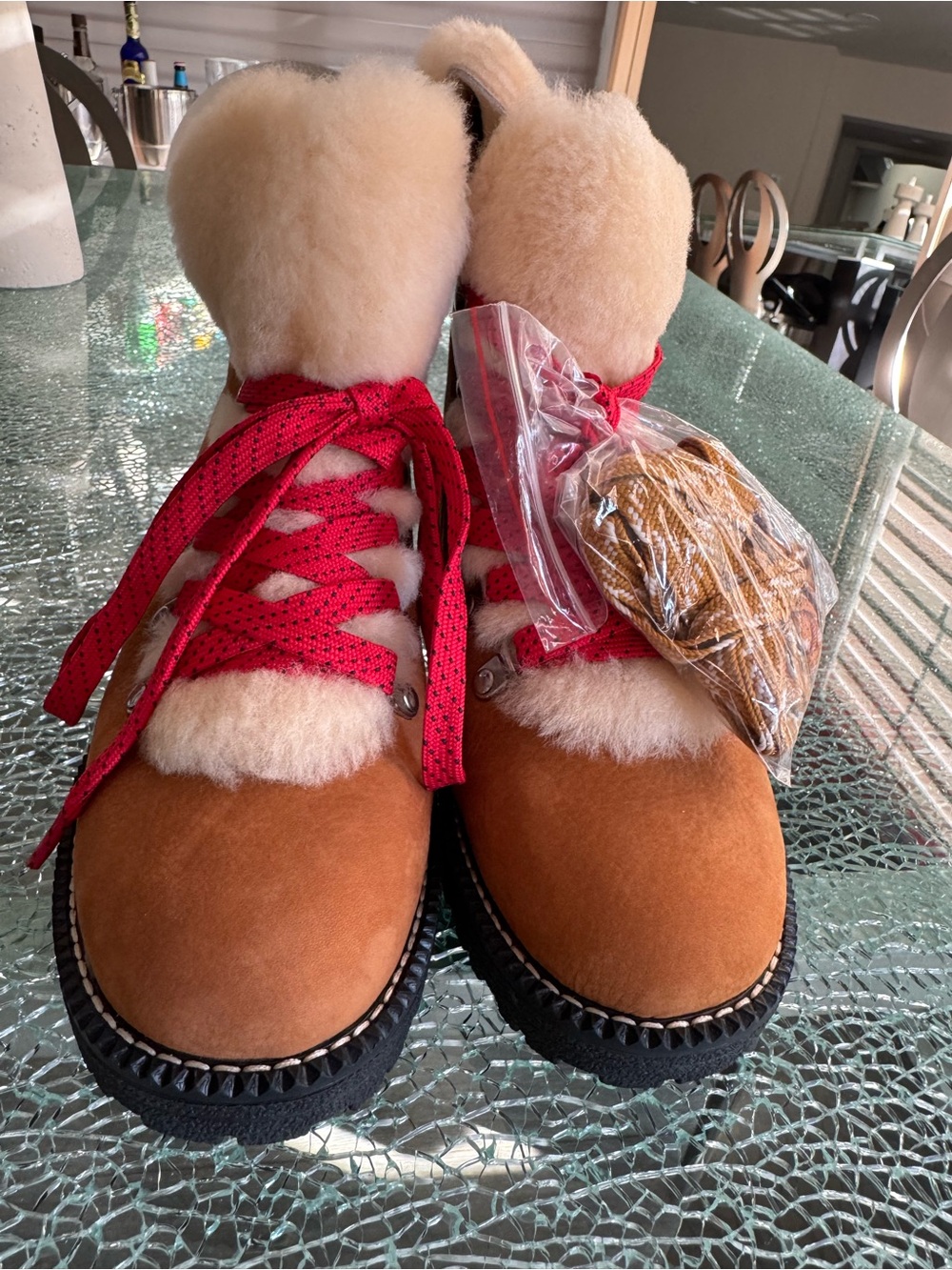 J Crew Tan Shearling-Lined Winter Boots with Red Laces 8M‎